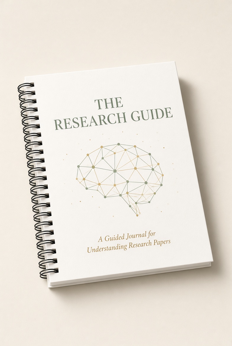 The Research Guide spiral-bound journal with black coil binding and geometric brain cover