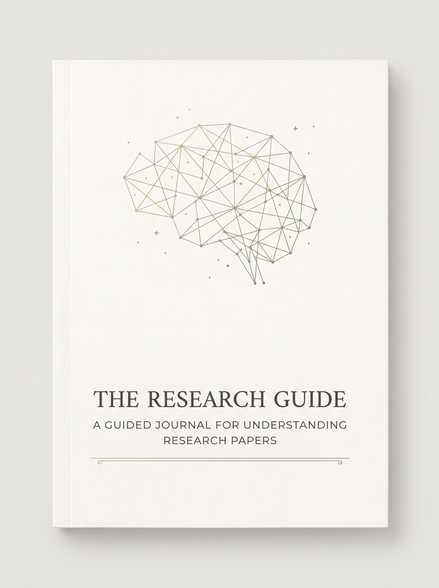 Cover of The Research Guide, a guided journal for understanding research papers, with a gold neuron-constellation illustration on a cream cover